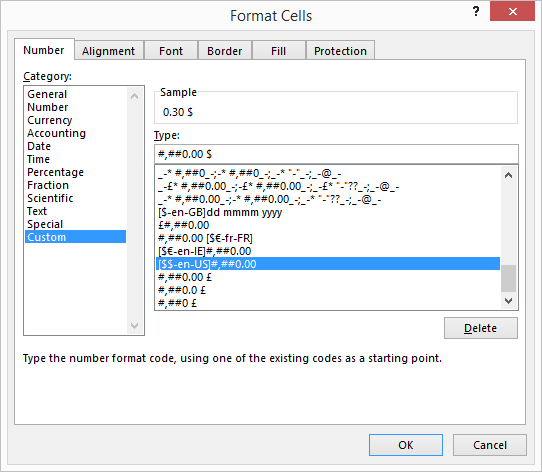 dollar symbol right side format excel