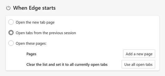 Edge save opened tabs on start open tabs from the previous session