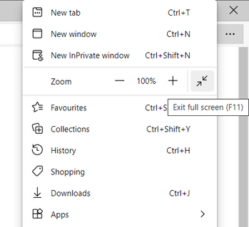 edge web browser exit full screen mode