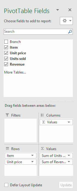 pivot table fields