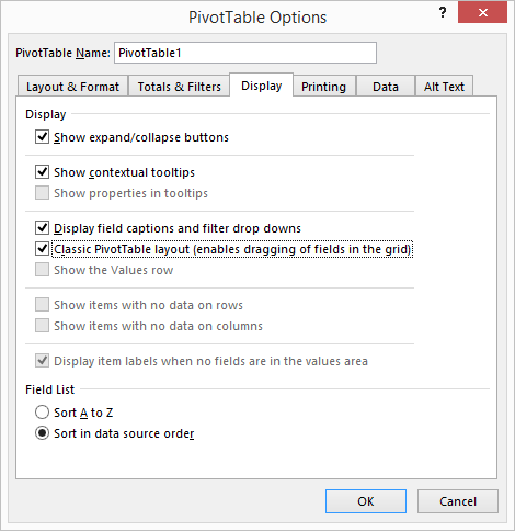 pivot table options