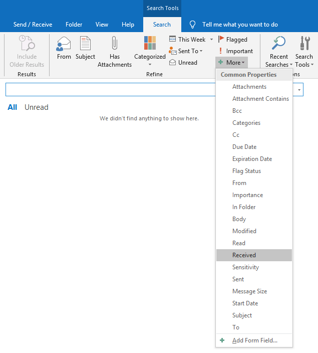 outlook serach results emails received between the range of dates
