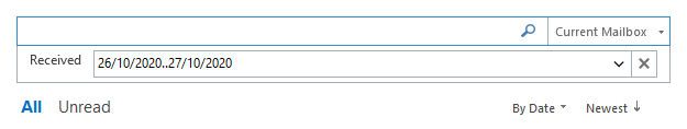 outlook search results emails received between the range of two specific dates