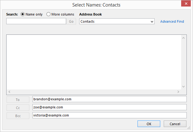 outlook send email search contacts