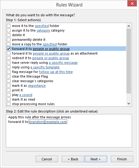outlook create rule to forward received emails to another email address