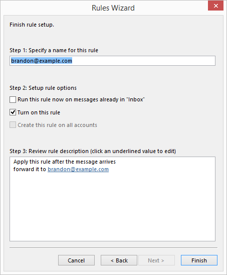 outlook set rule to forward emails to another email account