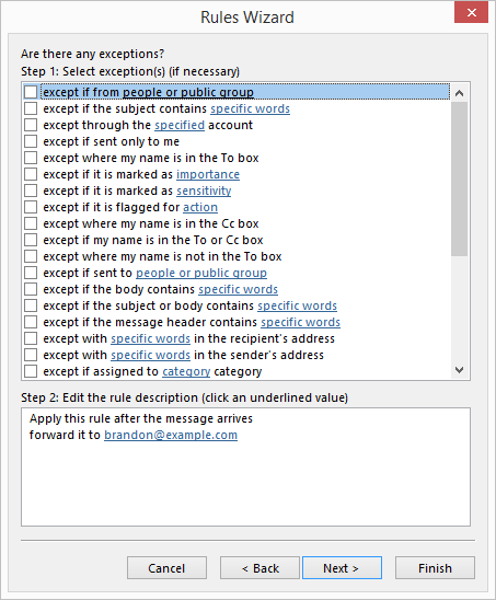 outlook set exceptions in forward rule
