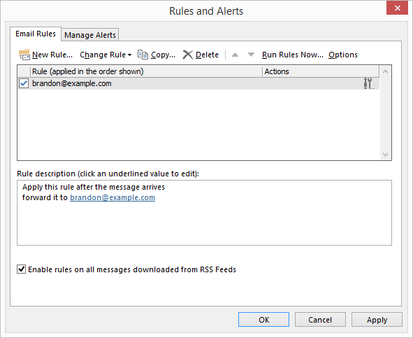 outlook create rules to forward received emails to another email account