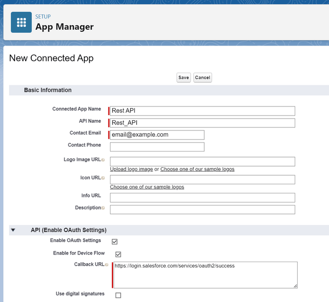 salesforce create connected app rest api example