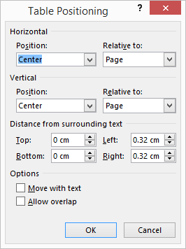 word center table vertically and horizontally to the middle of page